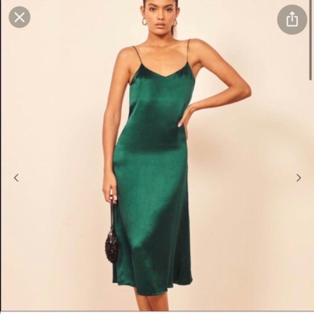 Reformation Satin Slip Midi Dress in Emerald